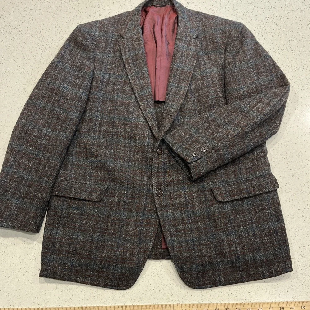 Vintage Harris Tweed Plaid Multicolor Gray Wool Blazer Sport Coat 44R